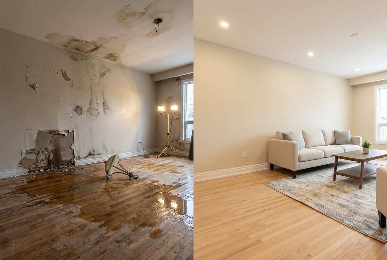 Emergency Water Removal before and after in living room, Allendale NJ