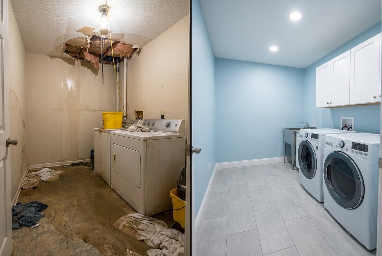 Burst Pipe & Plumbing Leak Damage restoration — laundry room of contemporary home in Allendale, NJ