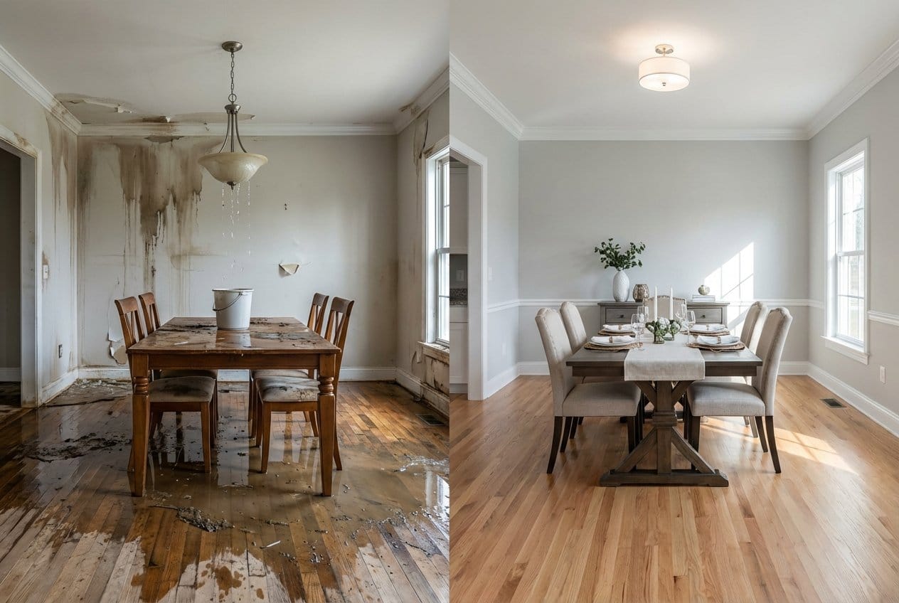 Before and after burst pipe & plumbing leak damage in Allendale bungalow dining room