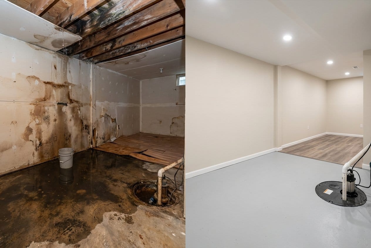 Storm & Roof Leak Water Damage before and after in finished basement, Allendale NJ