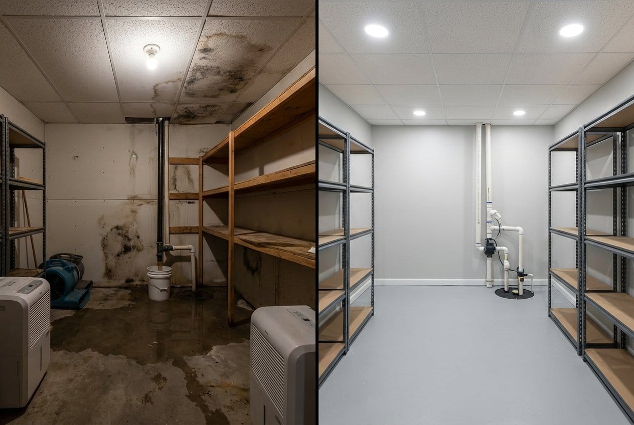 Storm & Roof Leak Water Damage restoration — utility room of split-level home in Allendale, NJ