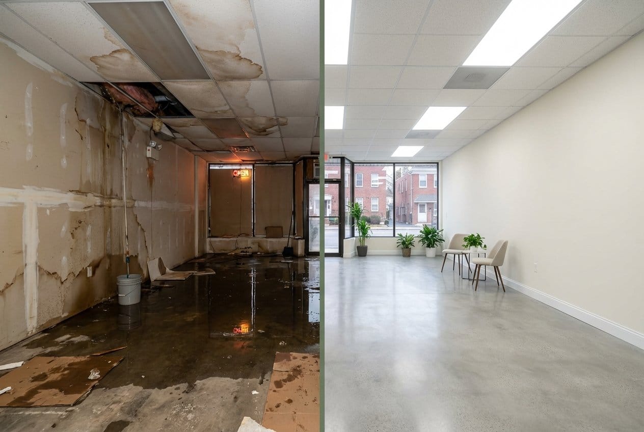Before and after storm & roof leak water damage in Allendale Cape Cod house storefront interior