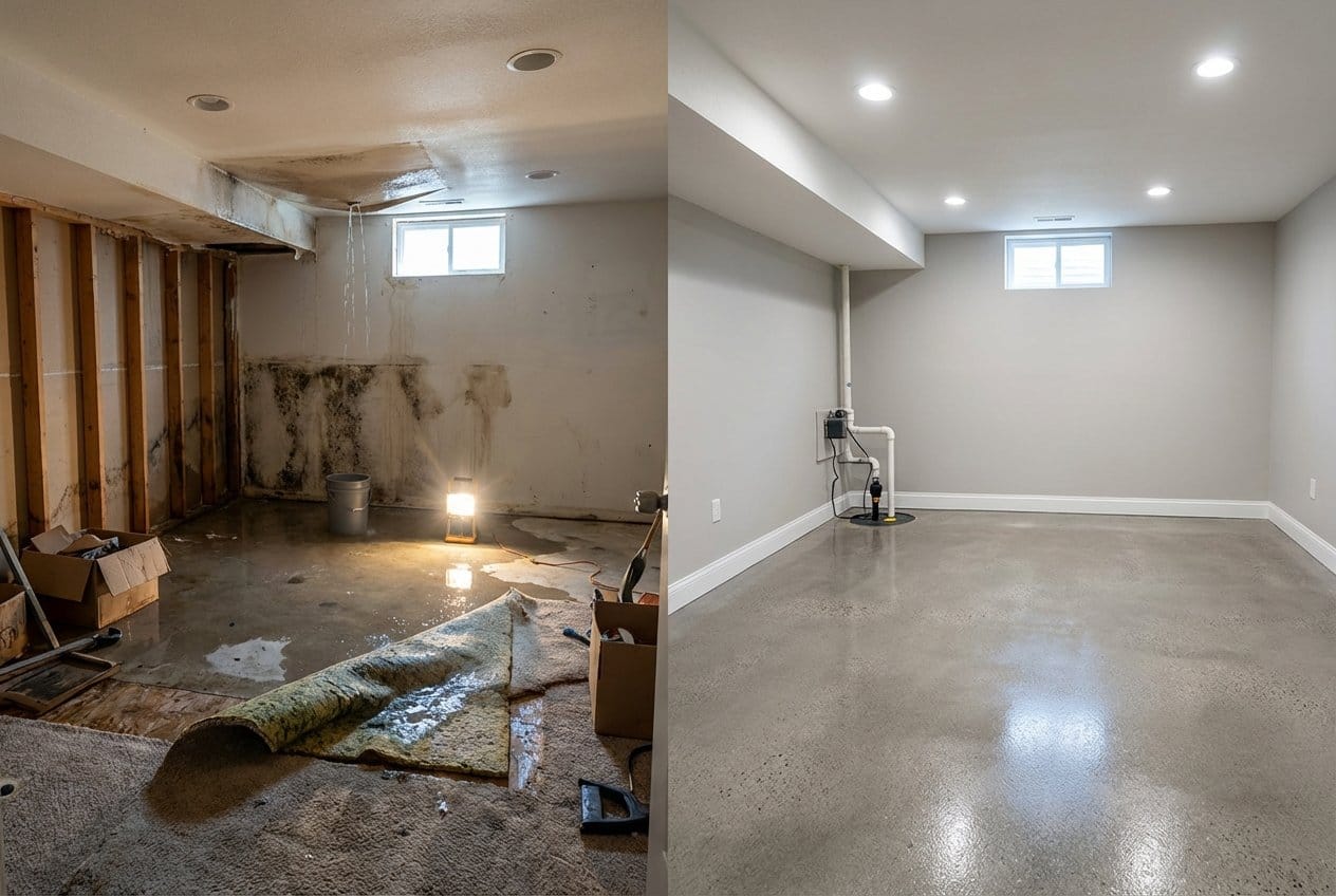 Sewage Backup Cleanup before and after in residential basement, Allendale NJ