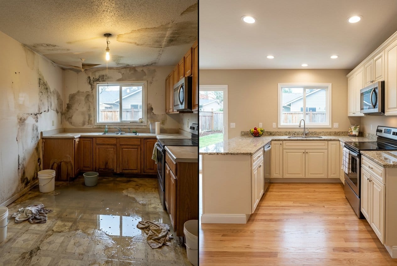 Sewage Backup Cleanup restoration β home kitchen of two-story residence in Allendale, NJ