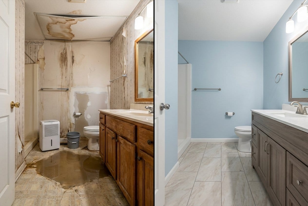 Before and after sewage backup cleanup in Allendale private residence bathroom
