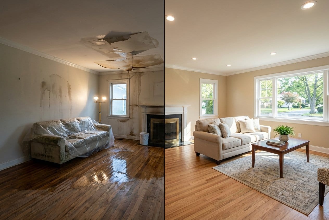 Structural Drying & Dehumidification before and after in living room, Allendale NJ