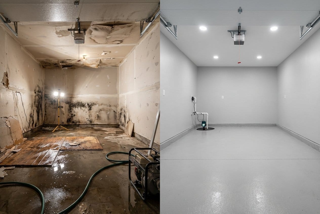 Carpet & Flooring Water Damage Cleanup before and after in garage, Allendale NJ