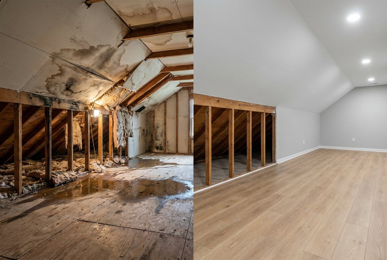 Before and after carpet & flooring water damage cleanup in Allendale single-family home attic space