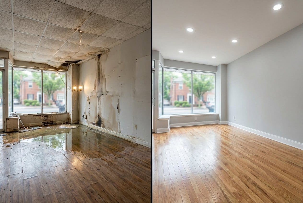 Before and after content drying & property cleanup in Allendale townhouse storefront interior