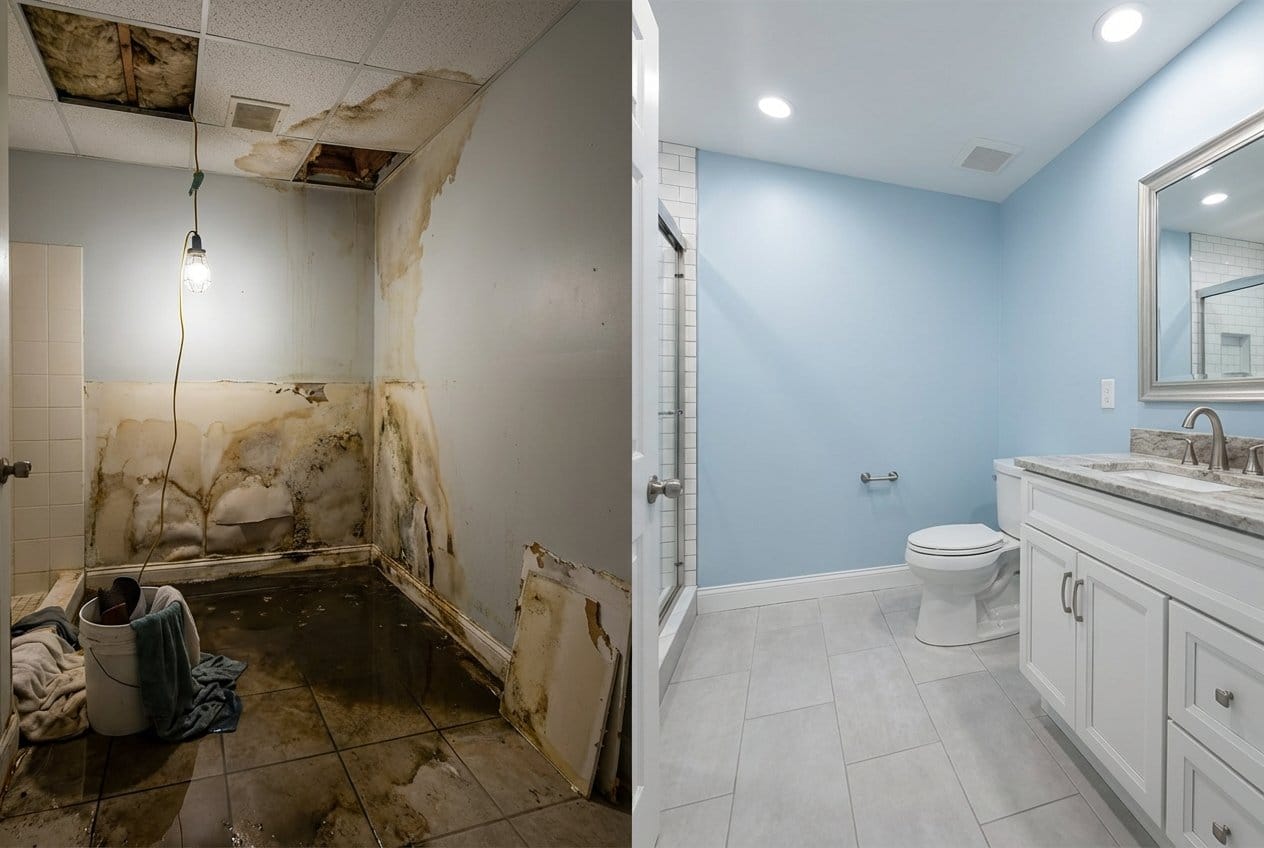 Before and after mold prevention after water damage in Allendale Victorian home bathroom